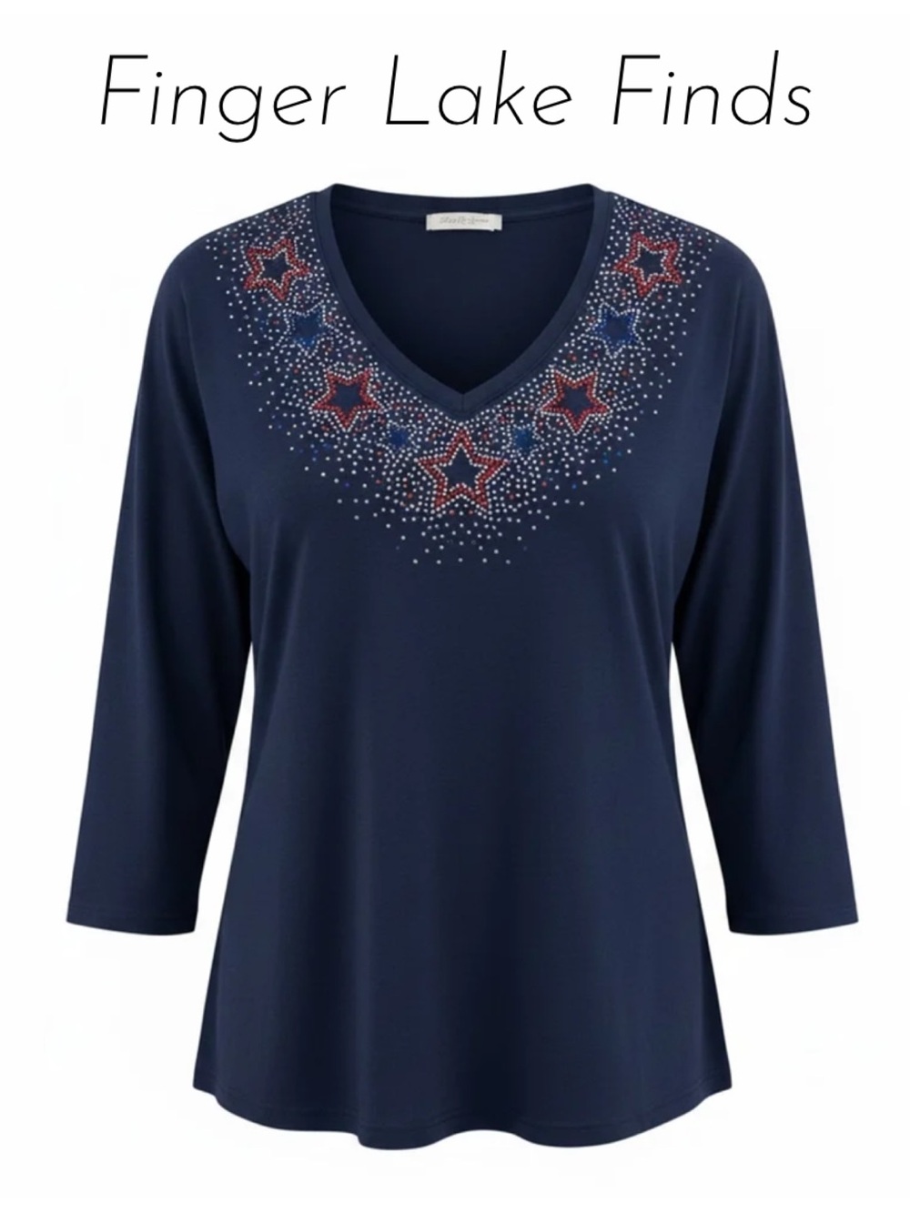 Embellished Navy V-Neck 3/4 Sleeve Women's Top, M